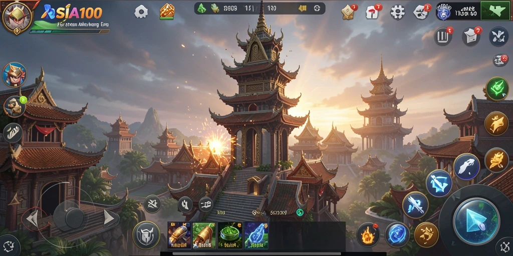 Gambar menampilkan pertarungan strategis di ASIA100 dengan menara pertahanan yang kokoh.