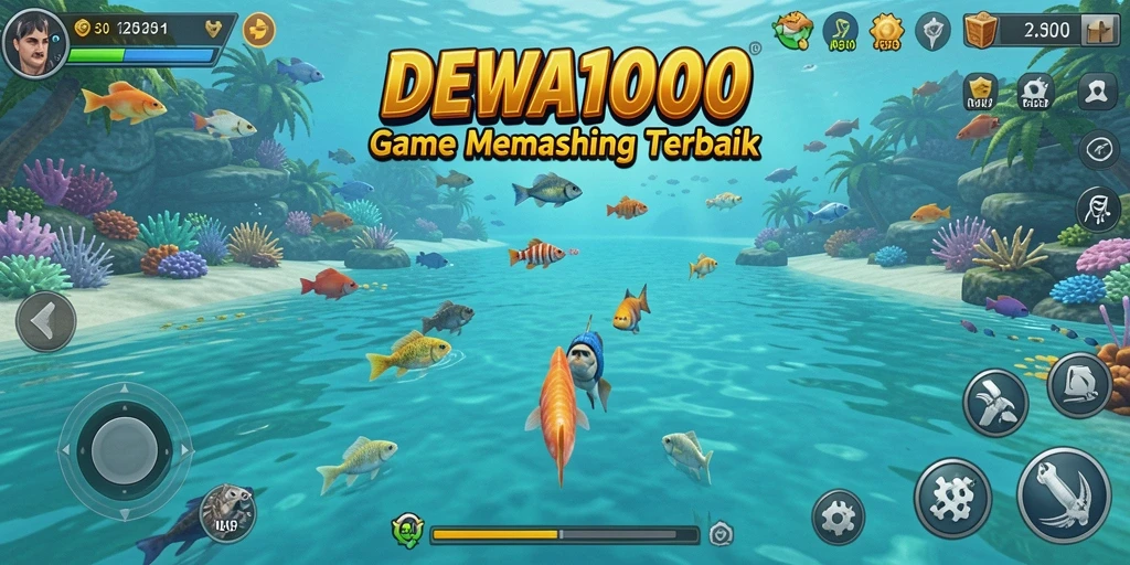 Screenshot gameplay DEWA1000 menampilkan momen menangkap ikan besar.