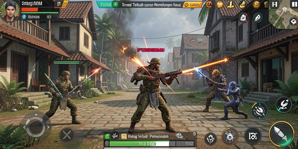 Screenshot F200M menampilkan intensitas strategi pertempuran.