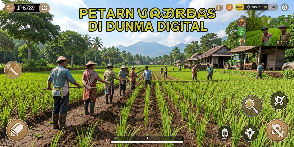 Screenshot gameplay JP6789 menunjukkan petani menjalankan lahan pertanian dengan tanaman yang subur.